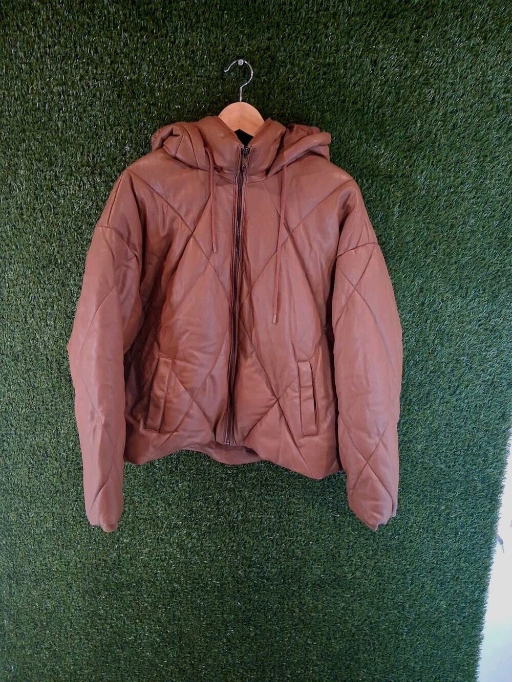 Sebby Collection Brown Faux Leather Puffer Jacket Women's XL Excellent Condition